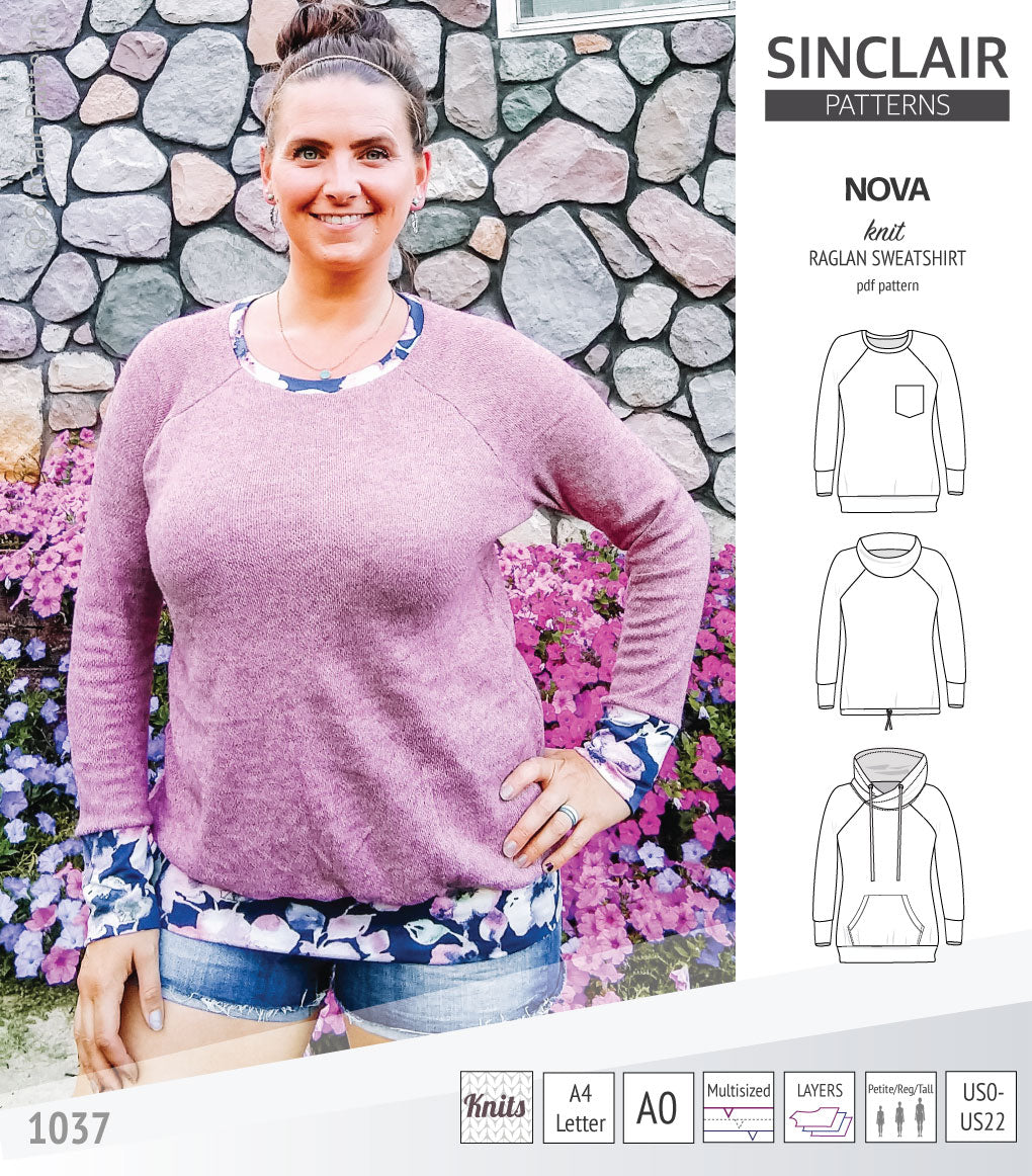 PDF sewing pattern Raglan sweatshirt sweater hoodie for women with kangaroo pocket, hood, cowl and drawstrings