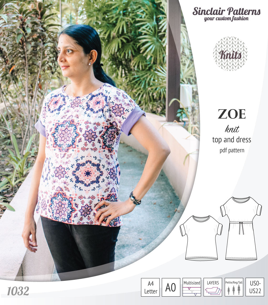 Sinclair Patterns S1032 Zoe relaxed fit dolman top and drawstring knit dress or top for women pdf sewing pattern