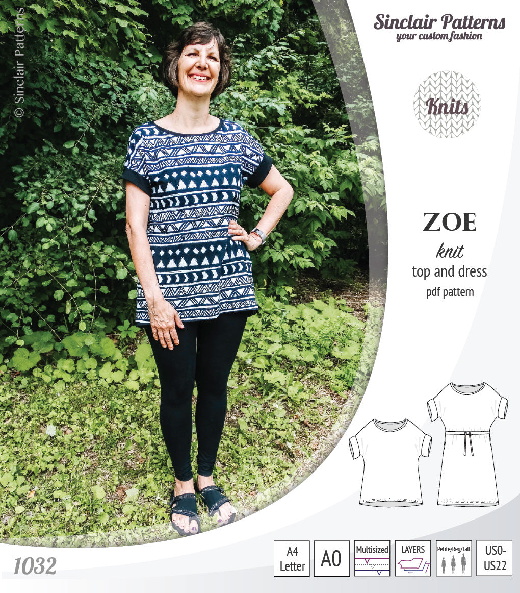 Sinclair Patterns S1032 Zoe relaxed fit dolman top and drawstring knit dress or top for women pdf sewing pattern