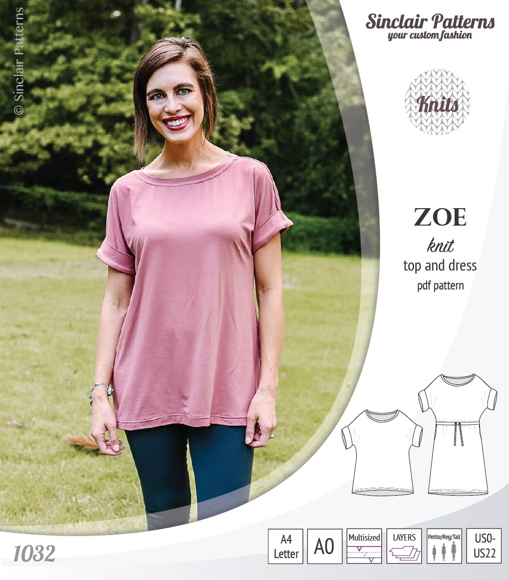 Sinclair Patterns S1032 Zoe relaxed fit dolman top and drawstring knit dress or top for women pdf sewing pattern