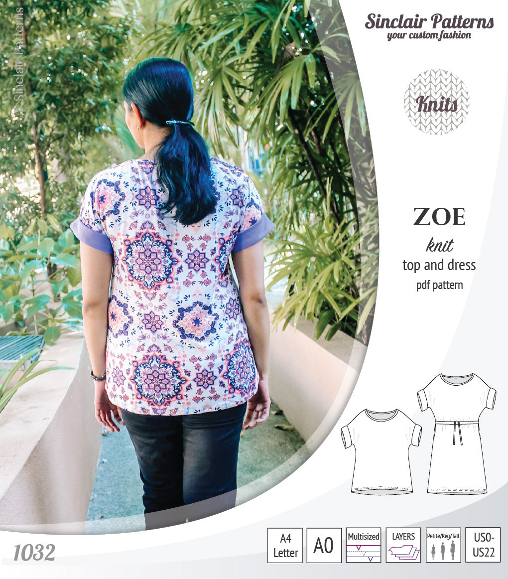 Sinclair Patterns S1032 Zoe relaxed fit dolman top and drawstring knit dress or top for women pdf sewing pattern