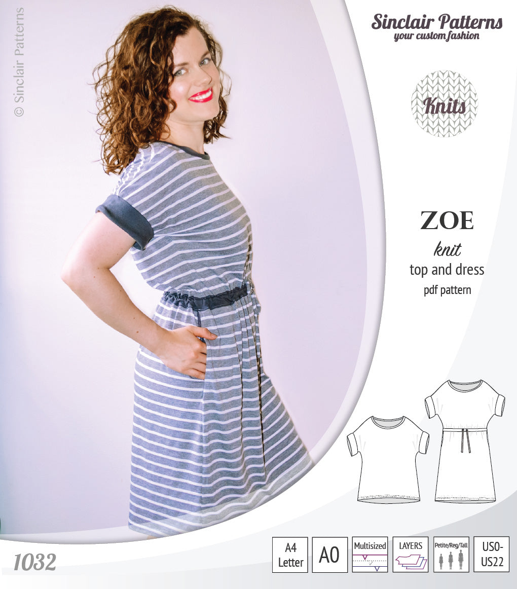 Sinclair Patterns S1032 Zoe relaxed fit dolman top and drawstring knit dress or top for women pdf sewing pattern