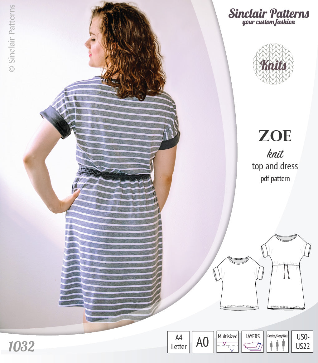 Sinclair Patterns S1032 Zoe relaxed fit dolman top and drawstring knit dress or top for women pdf sewing pattern