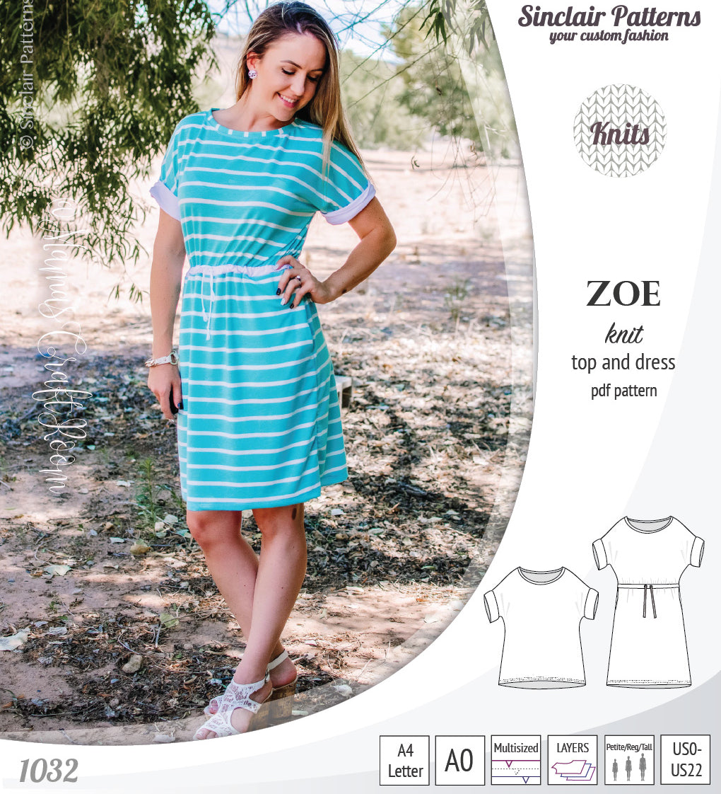 Sinclair Patterns S1032 Zoe relaxed fit dolman top and drawstring knit dress or top for women pdf sewing pattern