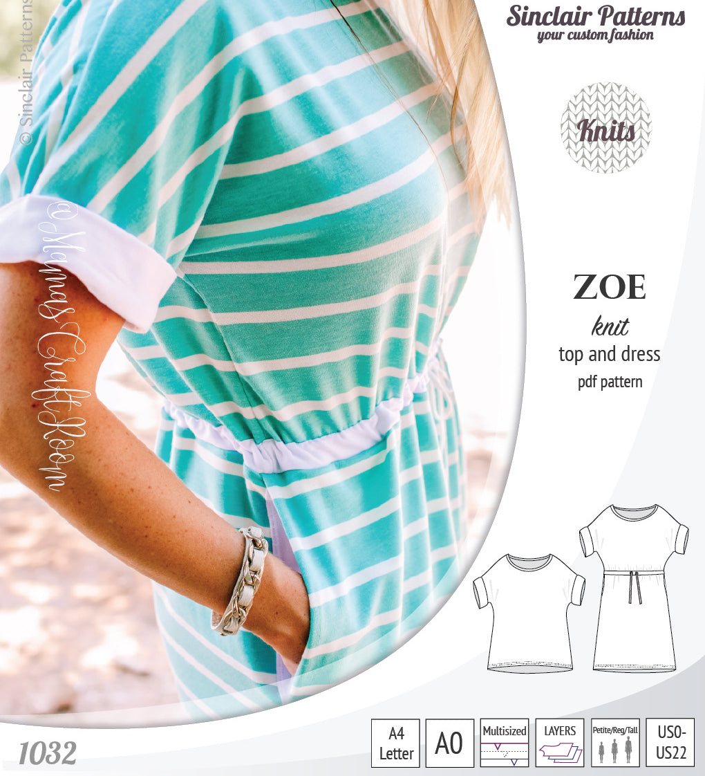 Sinclair Patterns S1032 Zoe relaxed fit dolman top and drawstring knit dress or top for women pdf sewing pattern