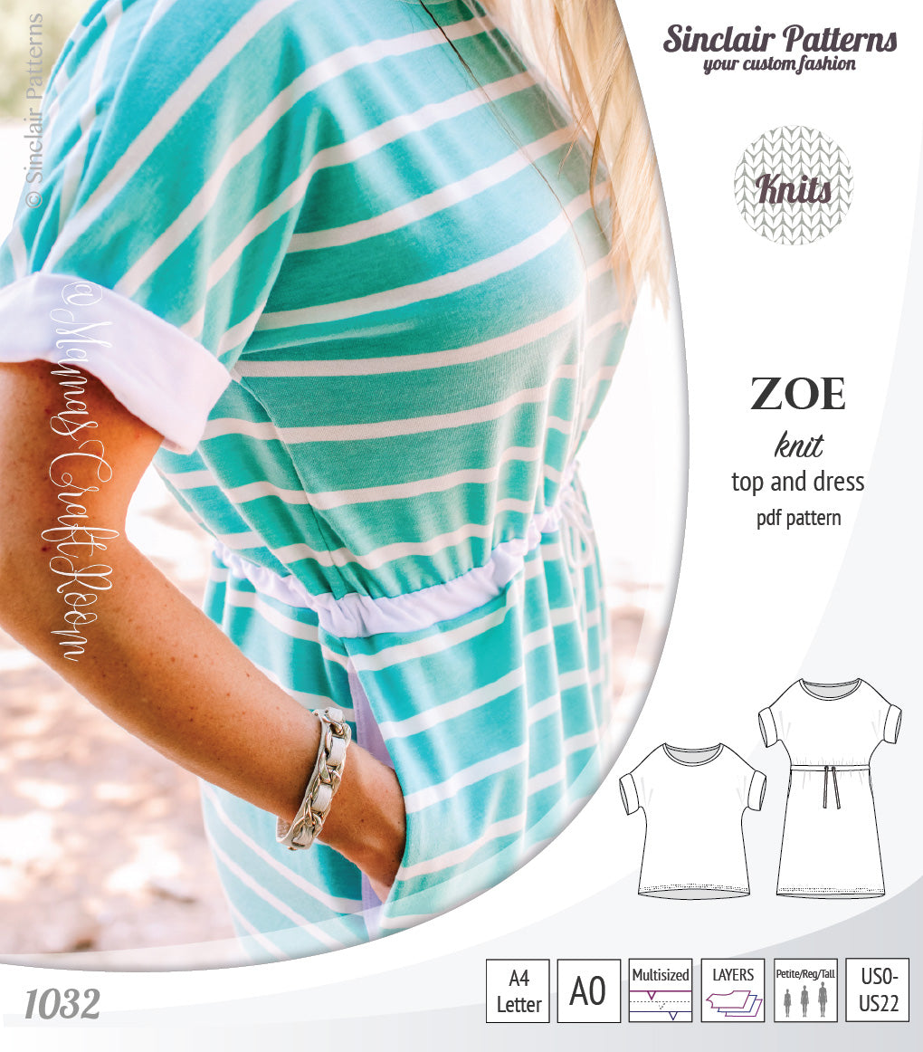 Sinclair Patterns S1032 Zoe relaxed fit dolman top and drawstring knit dress or top for women pdf sewing pattern