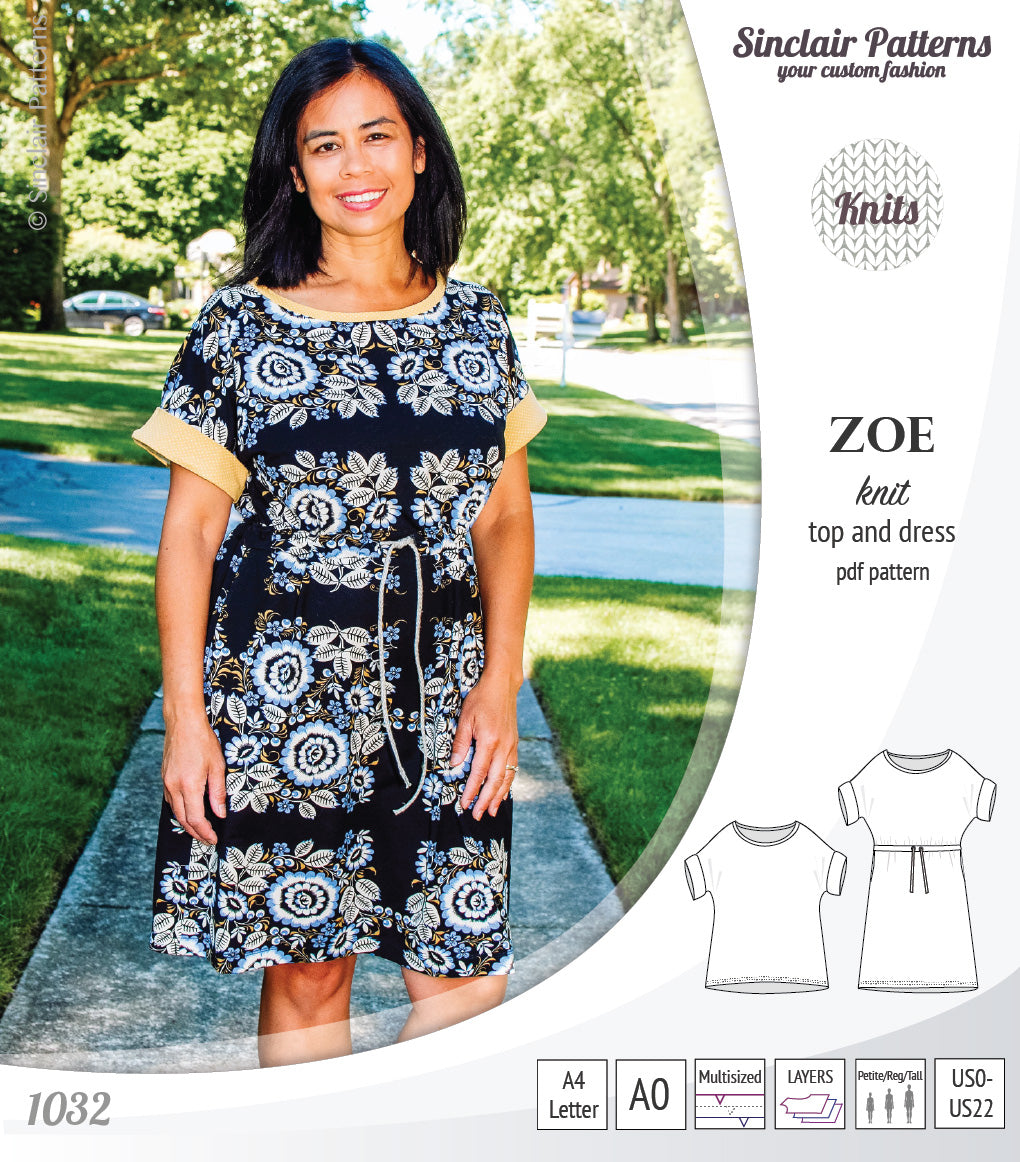 Sinclair Patterns S1032 Zoe relaxed fit dolman top and drawstring knit dress or top for women pdf sewing pattern