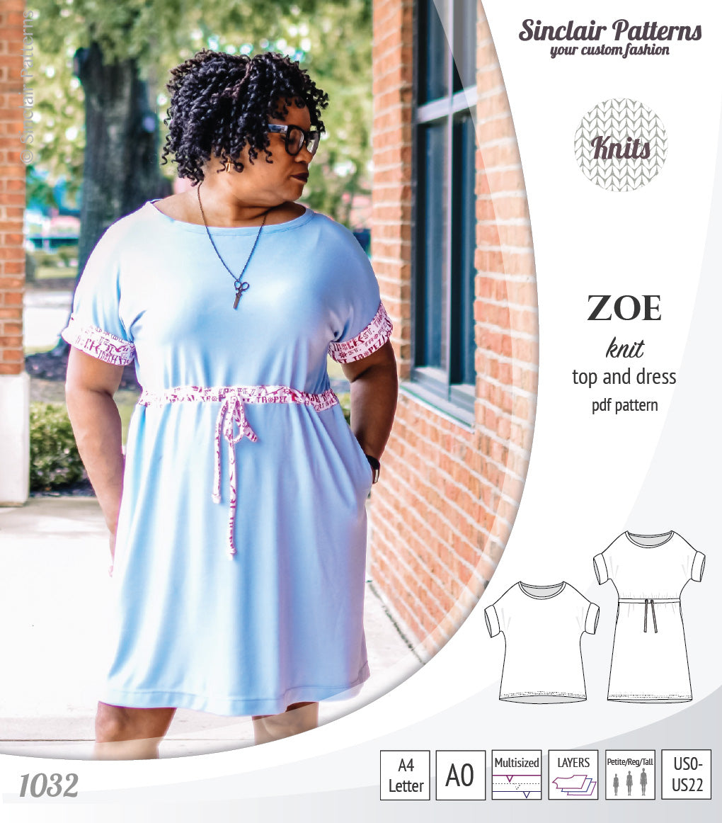 Sinclair Patterns S1032 Zoe relaxed fit dolman top and drawstring knit dress or top for women pdf sewing pattern