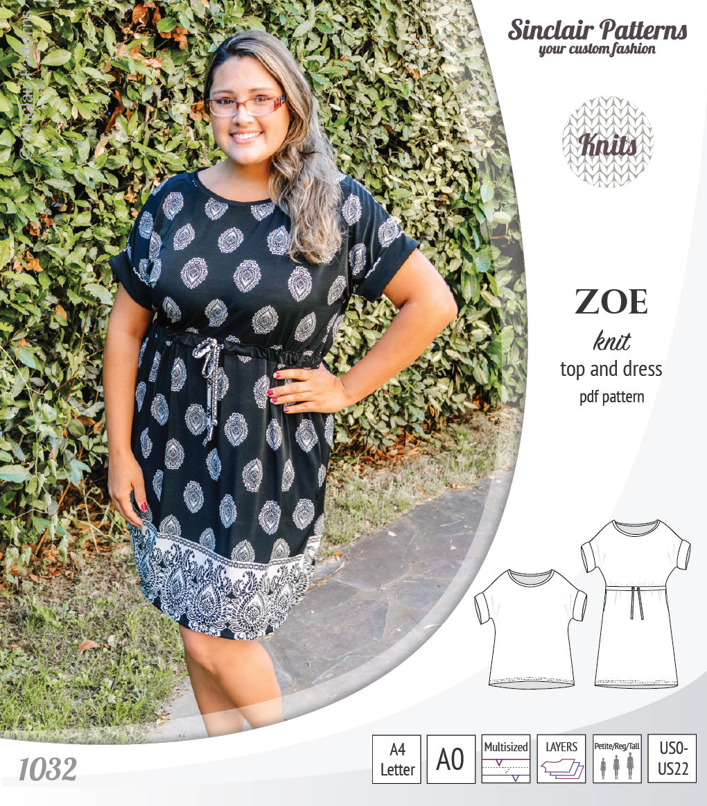 Sinclair Patterns S1032 Zoe relaxed fit dolman top and drawstring knit dress or top for women pdf sewing pattern