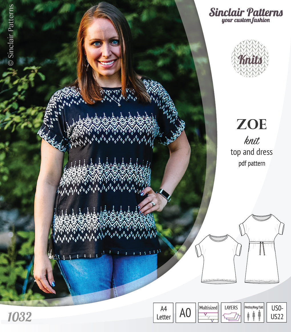 Sinclair Patterns S1032 Zoe relaxed fit dolman top and drawstring knit dress or top for women pdf sewing pattern