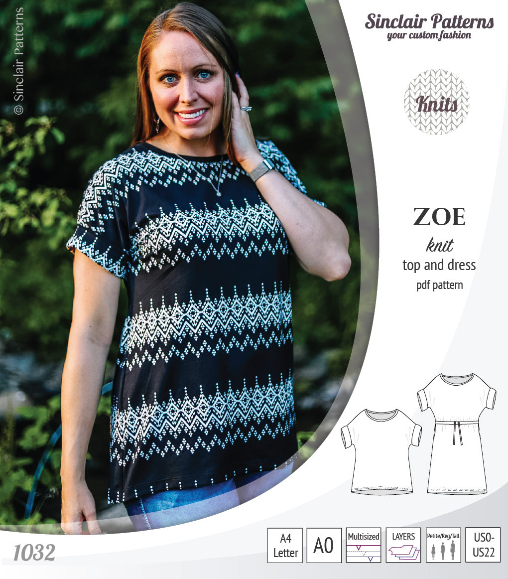 Sinclair Patterns S1032 Zoe relaxed fit dolman top and drawstring knit dress or top for women pdf sewing pattern