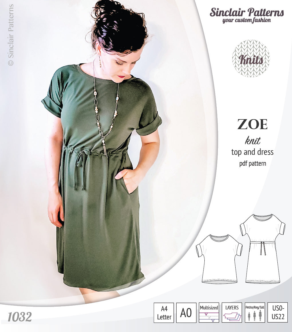 Sinclair Patterns S1032 Zoe relaxed fit dolman top and drawstring knit dress or top for women pdf sewing pattern