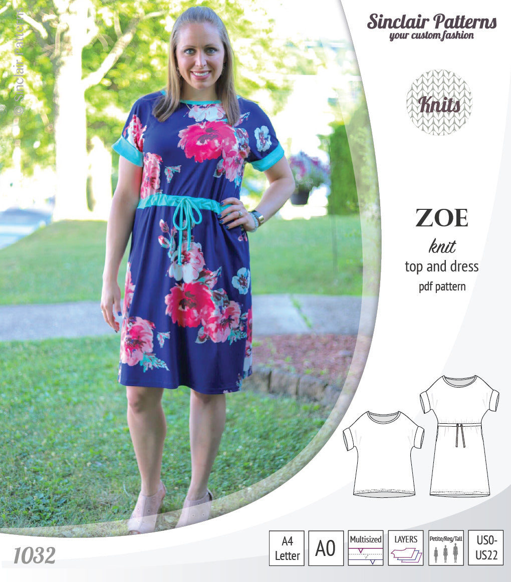 Sinclair Patterns S1032 Zoe relaxed fit dolman top and drawstring knit dress or top for women pdf sewing pattern