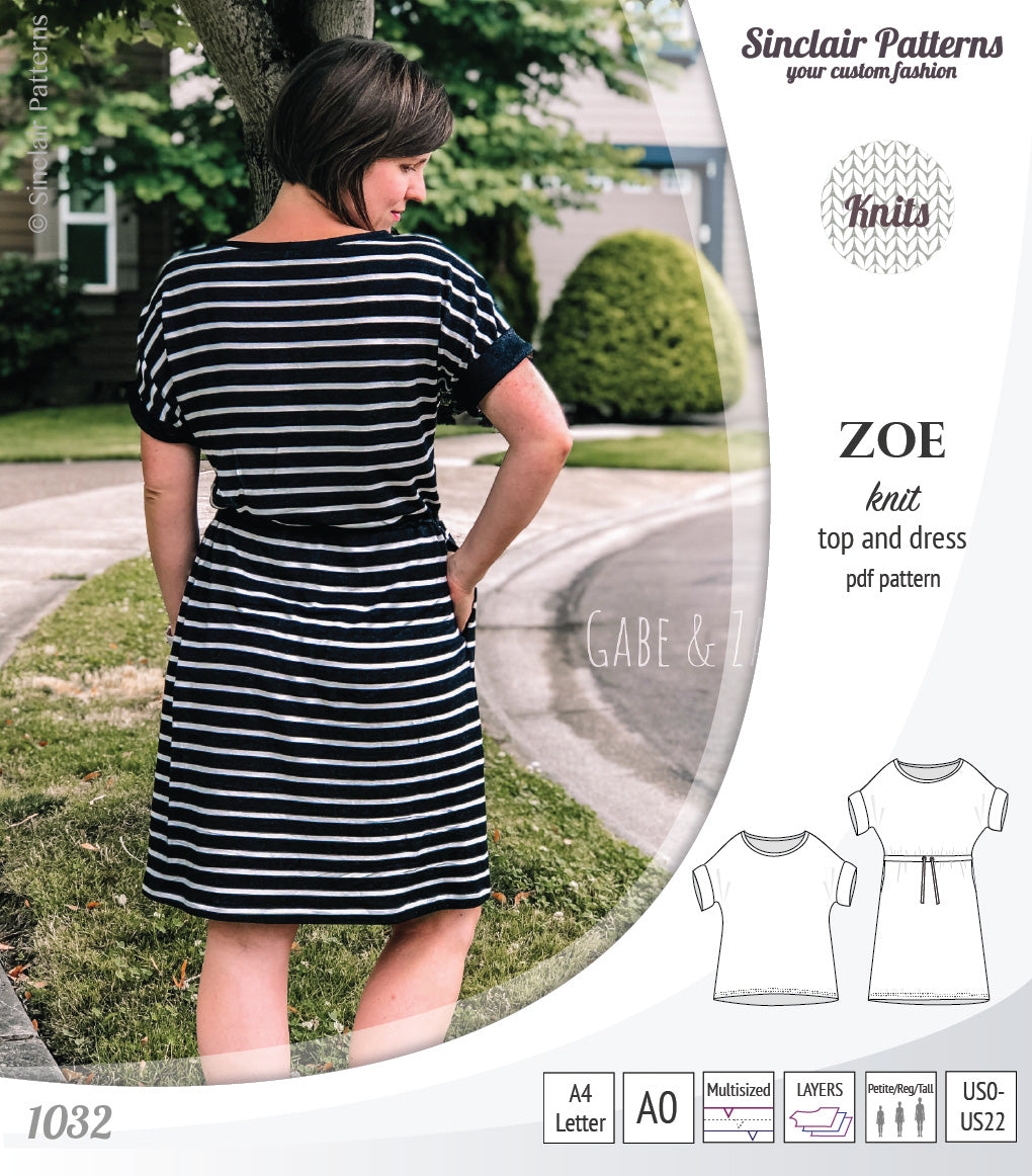 Sinclair Patterns S1032 Zoe relaxed fit dolman top and drawstring knit dress or top for women pdf sewing pattern