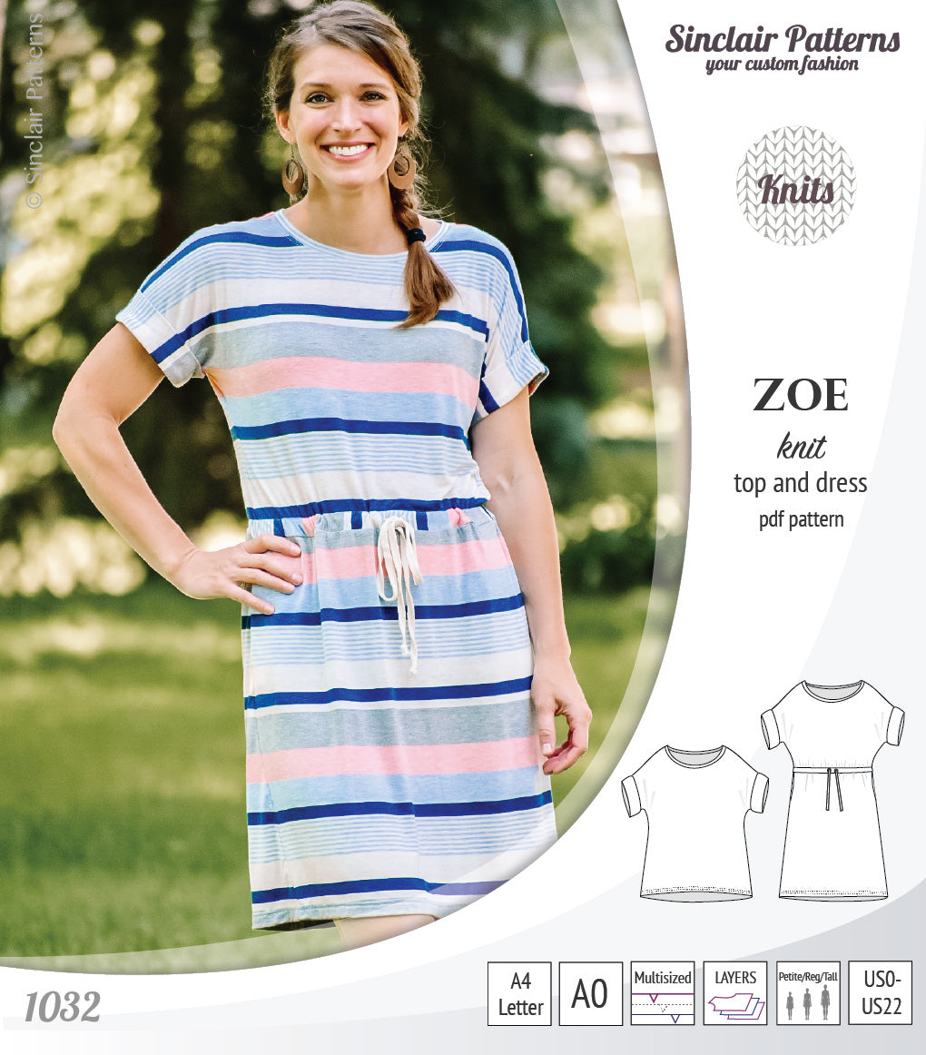 Sinclair Patterns S1032 Zoe relaxed fit dolman top and drawstring knit dress or top for women pdf sewing pattern