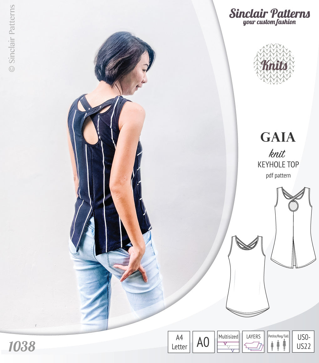 Pdf sewing pattern Gaia knit racerback keyhole tank top by Sinclair Patterns