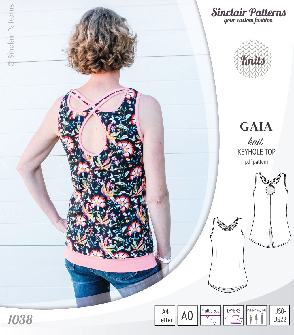 Pdf sewing pattern Gaia knit racerback keyhole tank top by Sinclair Patterns