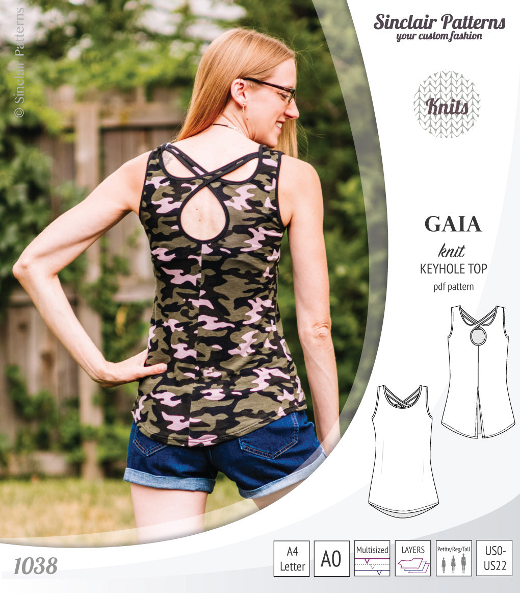 Pdf sewing pattern Gaia knit racerback keyhole tank top by Sinclair Patterns