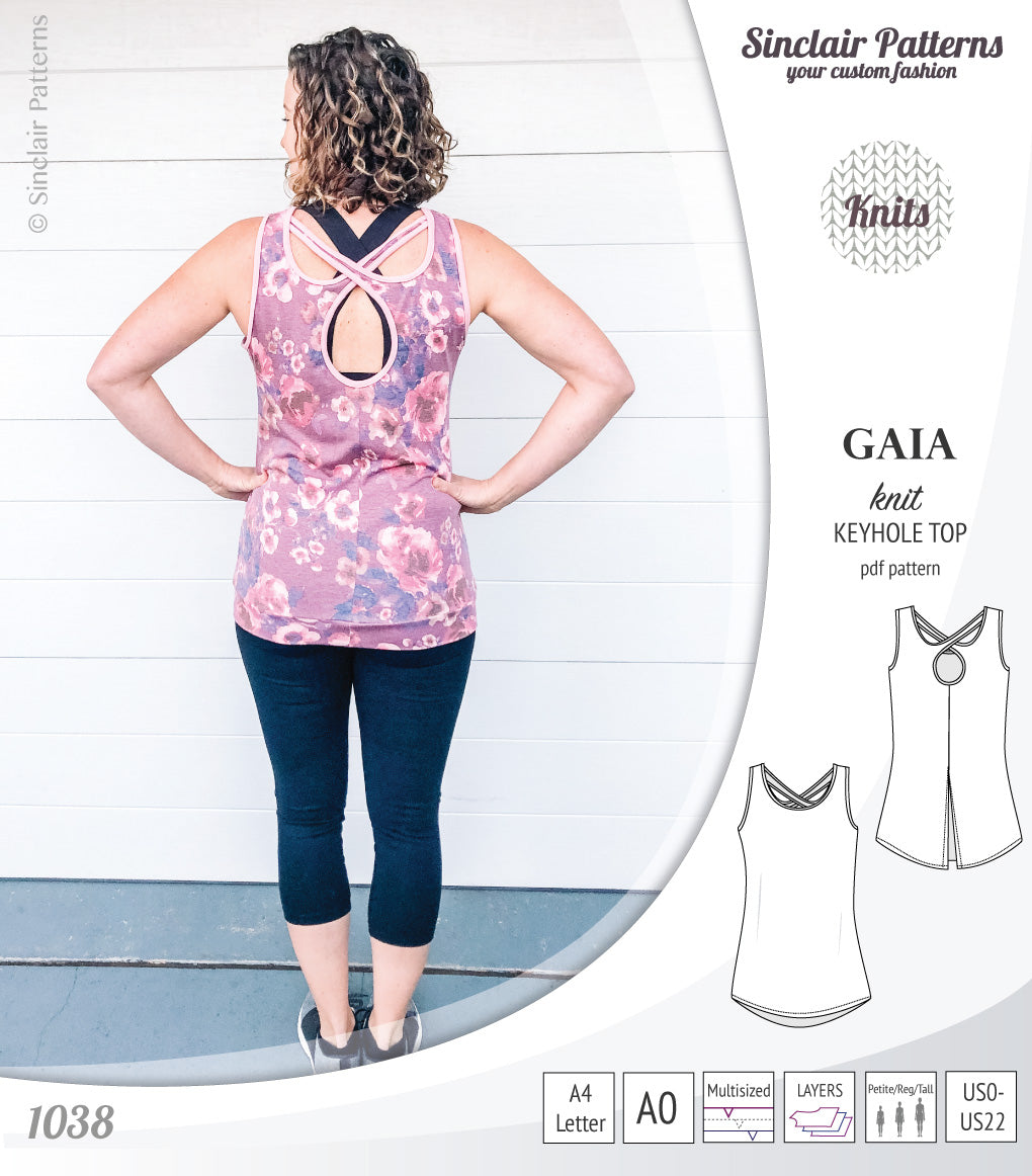 Pdf sewing pattern Gaia knit racerback keyhole tank top by Sinclair Patterns