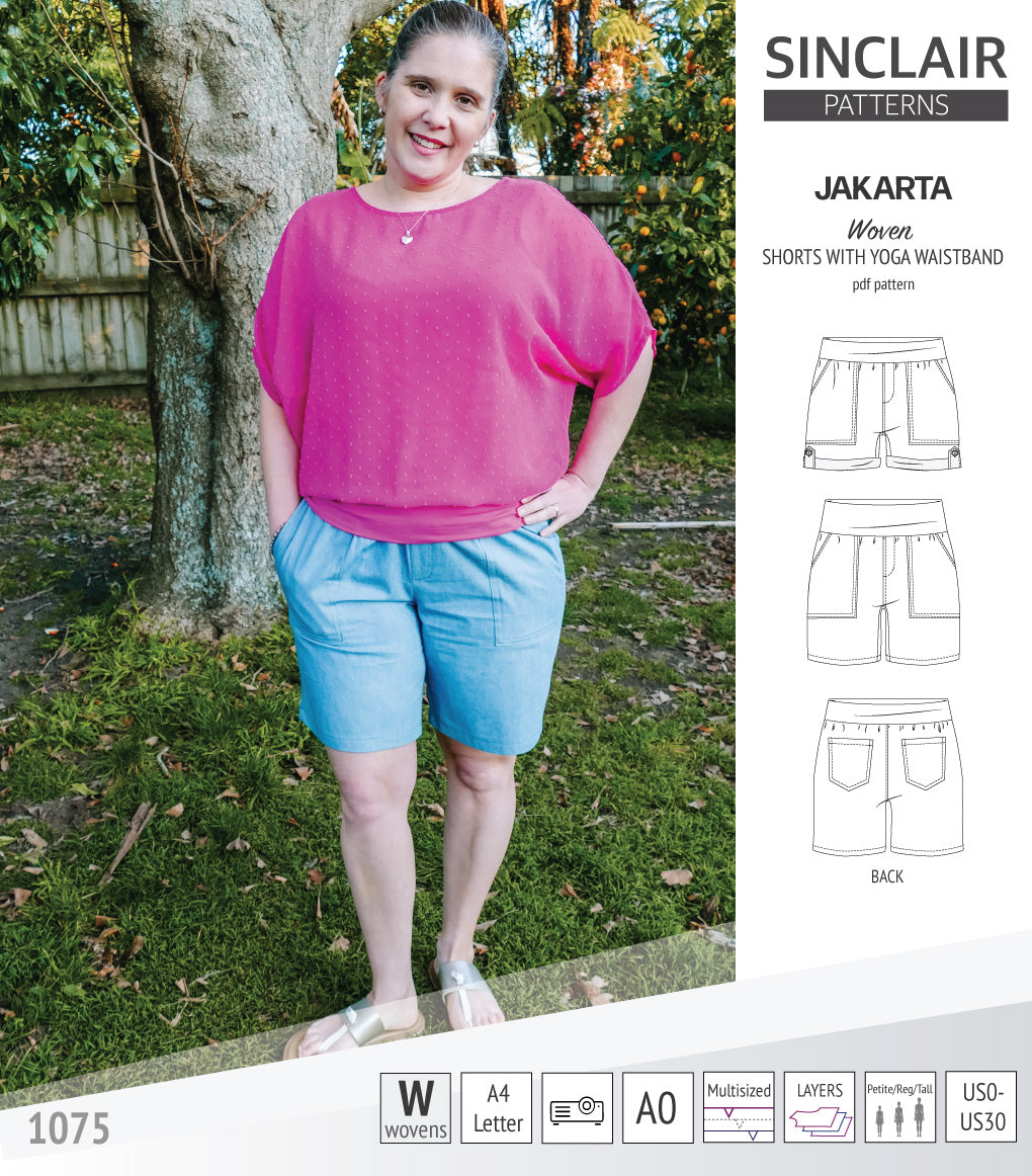 Pdf sewing pattern S1075 Jakarta woven shorts with pockets and yoga waistband by Sinclair Patterns