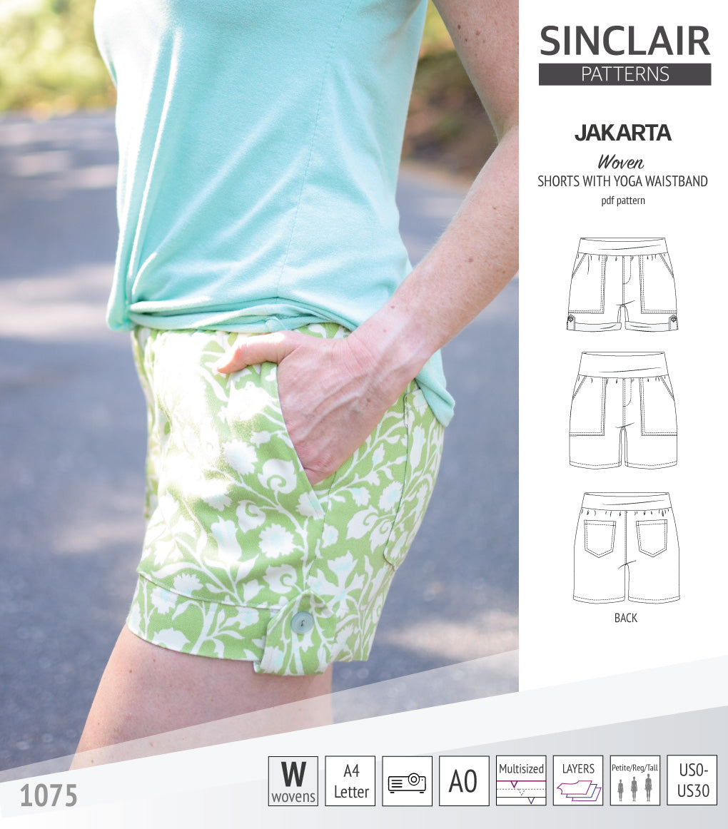 Pdf sewing pattern S1075 Jakarta woven shorts with pockets and yoga waistband by Sinclair Patterns