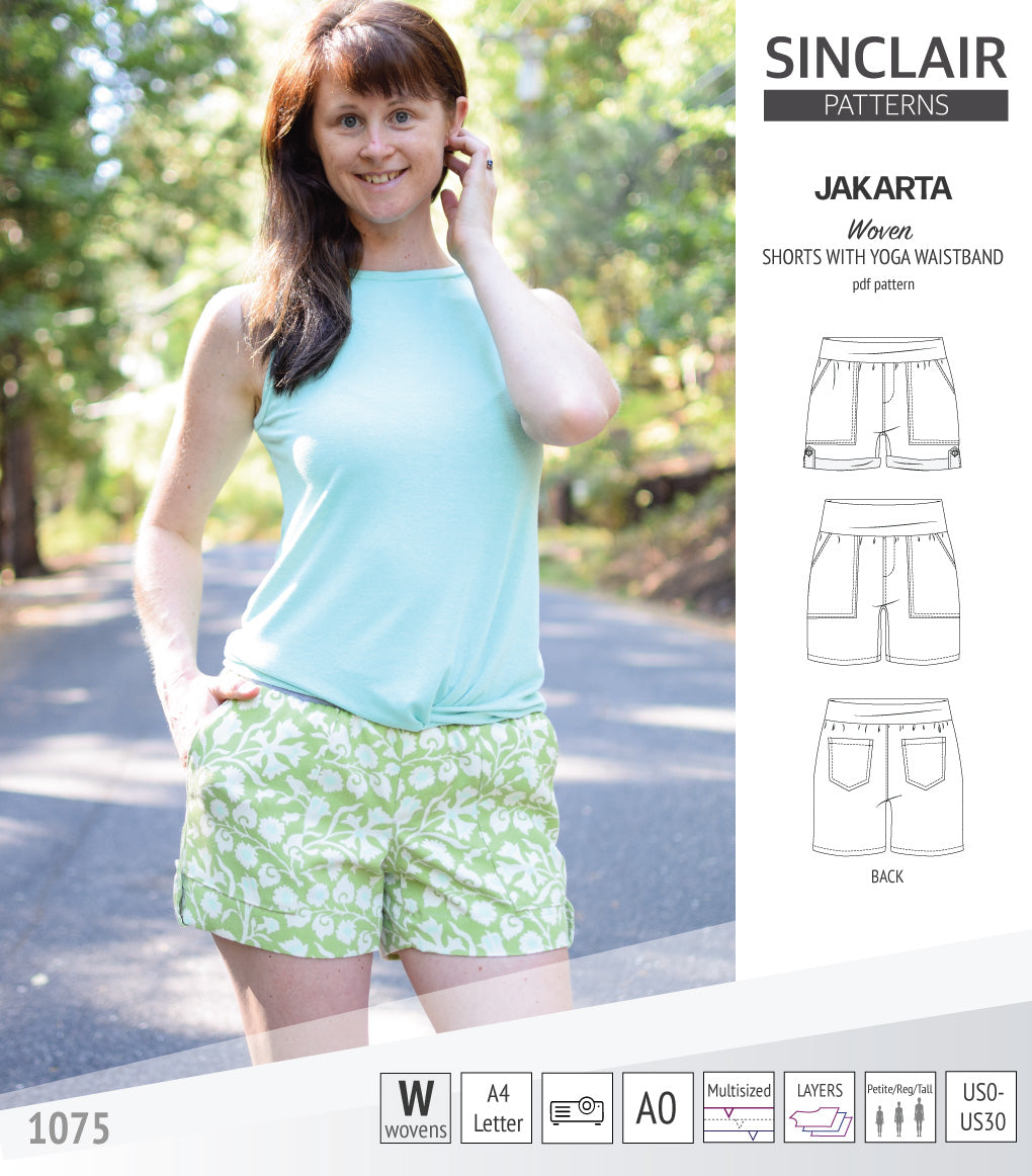 Pdf sewing pattern S1075 Jakarta woven shorts with pockets and yoga waistband by Sinclair Patterns