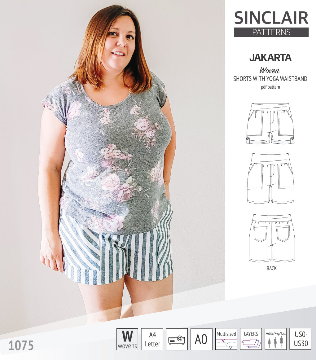 Pdf sewing pattern S1075 Jakarta woven shorts with pockets and yoga waistband by Sinclair Patterns