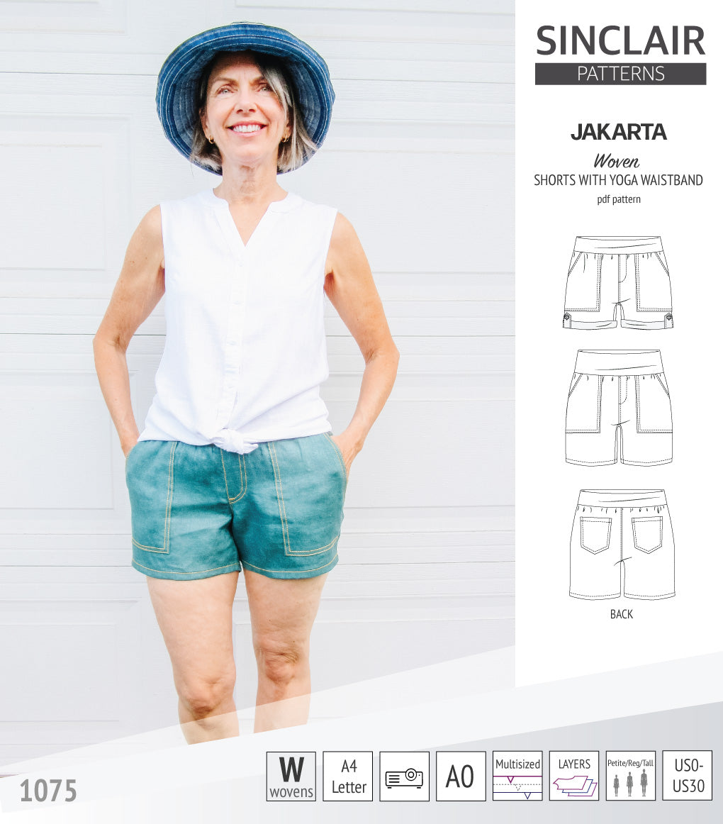 Pdf sewing pattern S1075 Jakarta woven shorts with pockets and yoga waistband by Sinclair Patterns