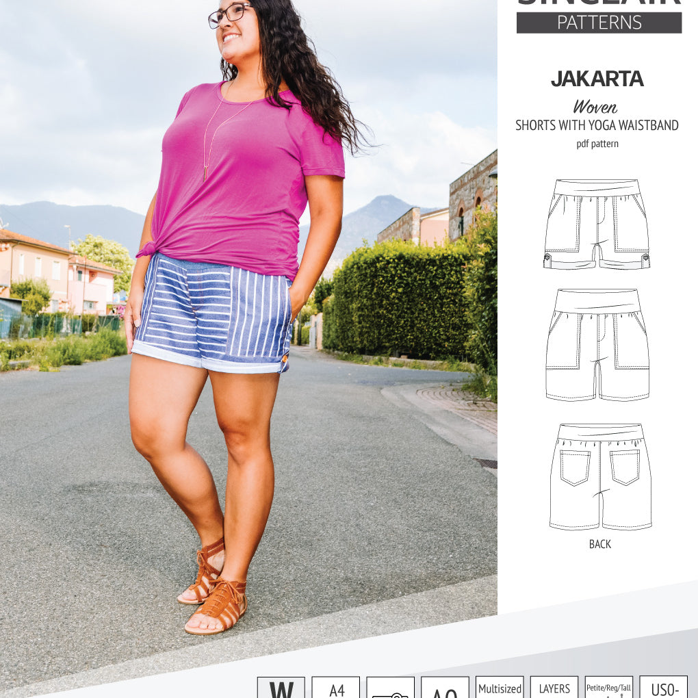 Pdf sewing pattern S1075 Jakarta woven shorts with pockets and yoga waistband by Sinclair Patterns