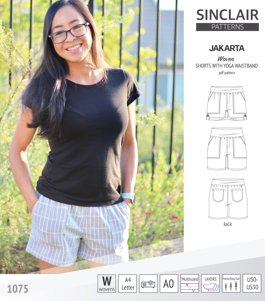 Pdf sewing pattern S1075 Jakarta woven shorts with pockets and yoga waistband by Sinclair Patterns
