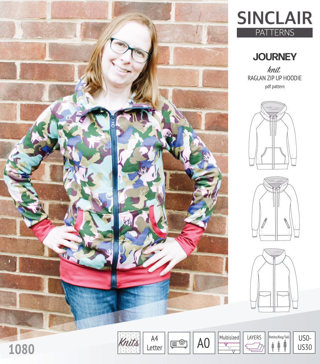 Sinclair Patterns S1080 Journey zip up zippered knit raglan hoodie for women with kangaroo, zippered or cargo pockets pdf sewing pattern