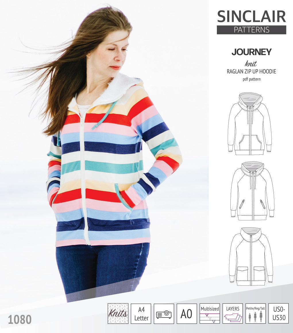 Sinclair Patterns S1080 Journey zip up zippered knit raglan hoodie for women with kangaroo, zippered or cargo pockets pdf sewing pattern