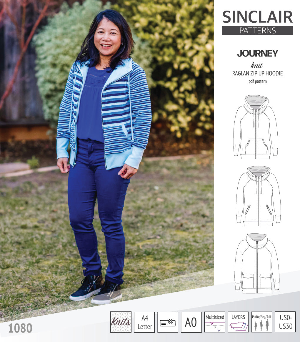 Sinclair Patterns S1080 Journey zip up zippered knit raglan hoodie for women with kangaroo, zippered or cargo pockets pdf sewing pattern