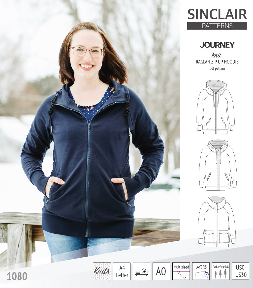 Sinclair Patterns S1080 Journey zip up zippered knit raglan hoodie for women with kangaroo, zippered or cargo pockets pdf sewing pattern