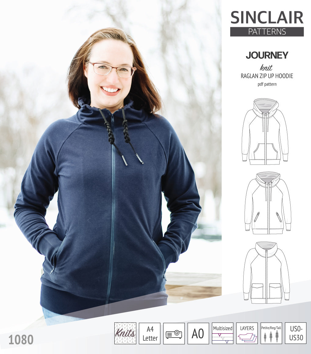 Sinclair Patterns S1080 Journey zip up zippered knit raglan hoodie for women with kangaroo, zippered or cargo pockets pdf sewing pattern