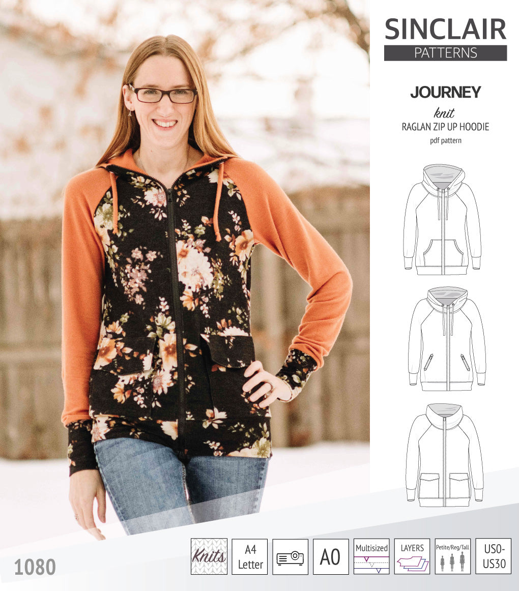 Sinclair Patterns S1080 Journey zip up zippered knit raglan hoodie for women with kangaroo, zippered or cargo pockets pdf sewing pattern