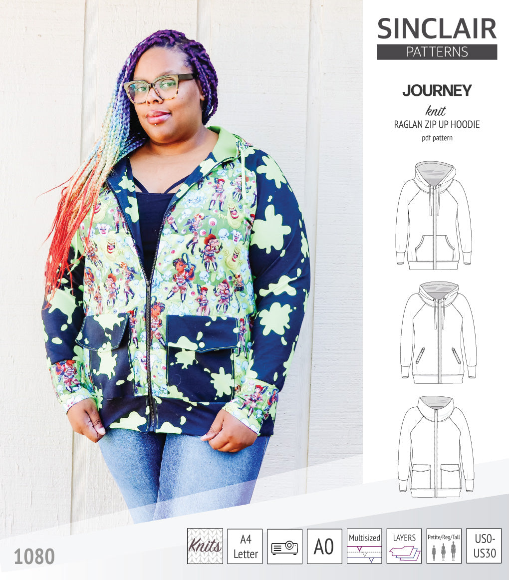 Sinclair Patterns S1080 Journey zip up zippered knit raglan hoodie for women with kangaroo, zippered or cargo pockets pdf sewing pattern