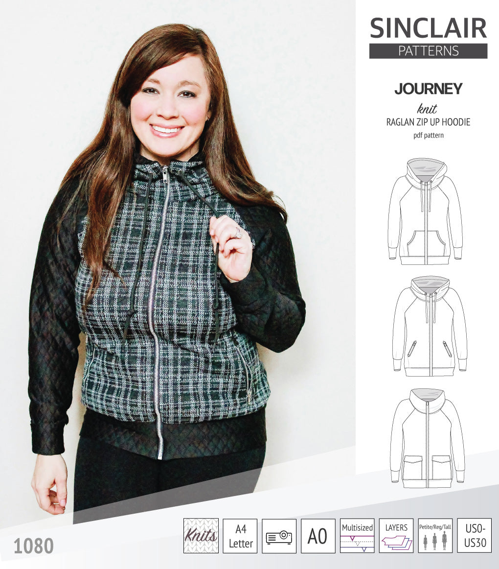 Sinclair Patterns S1080 Journey zip up zippered knit raglan hoodie for women with kangaroo, zippered or cargo pockets pdf sewing pattern