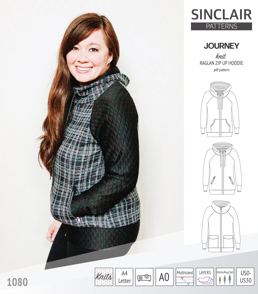 Sinclair Patterns S1080 Journey zip up zippered knit raglan hoodie for women with kangaroo, zippered or cargo pockets pdf sewing pattern