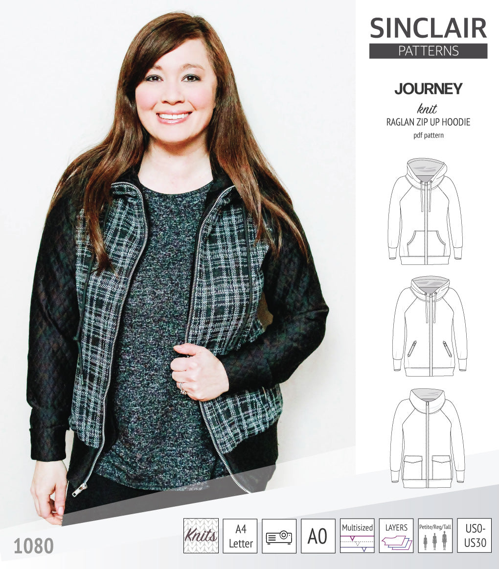 Sinclair Patterns S1080 Journey zip up zippered knit raglan hoodie for women with kangaroo, zippered or cargo pockets pdf sewing pattern