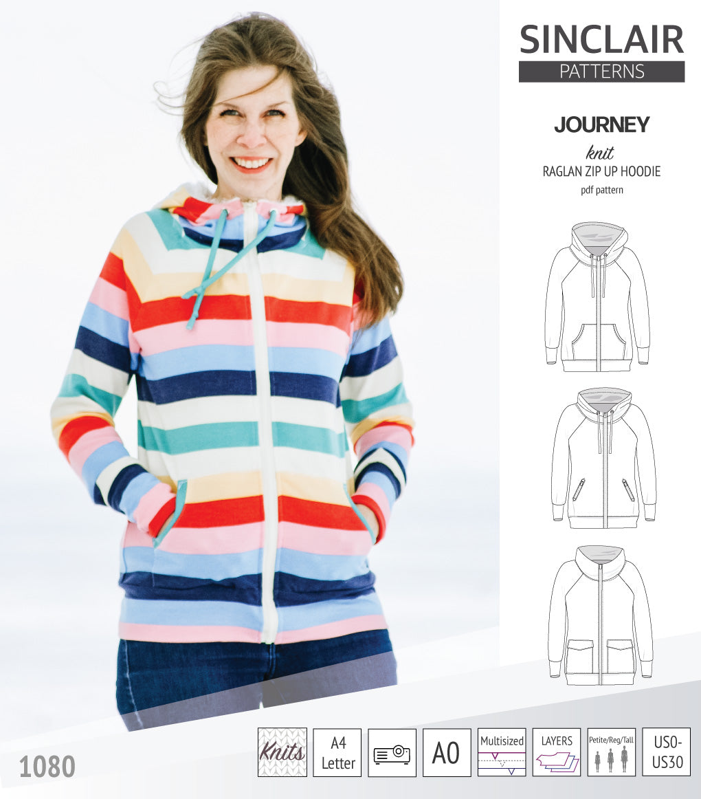 Sinclair Patterns S1080 Journey zip up zippered knit raglan hoodie for women with kangaroo, zippered or cargo pockets pdf sewing pattern