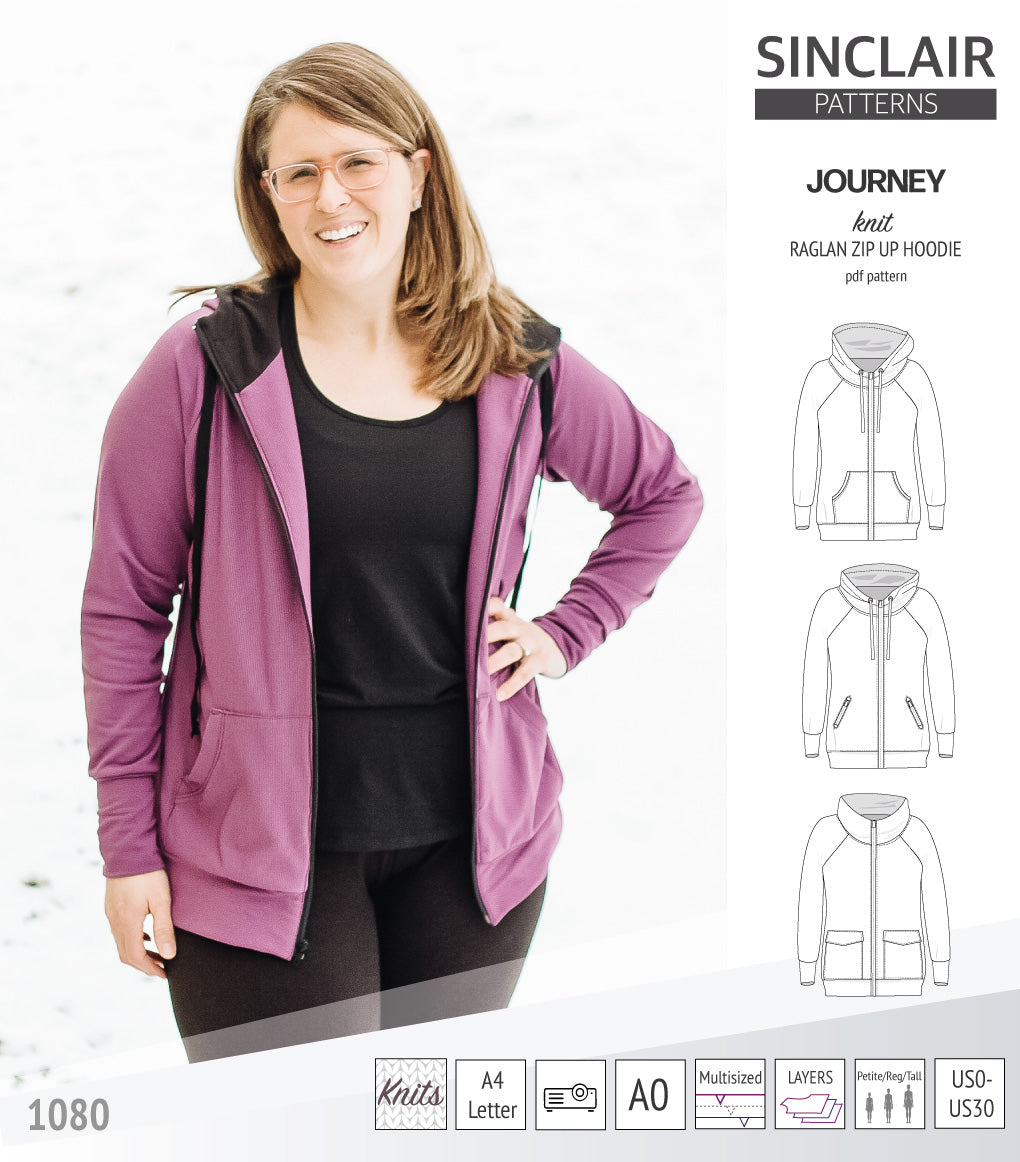 Sinclair Patterns S1080 Journey zip up zippered knit raglan hoodie for women with kangaroo, zippered or cargo pockets pdf sewing pattern