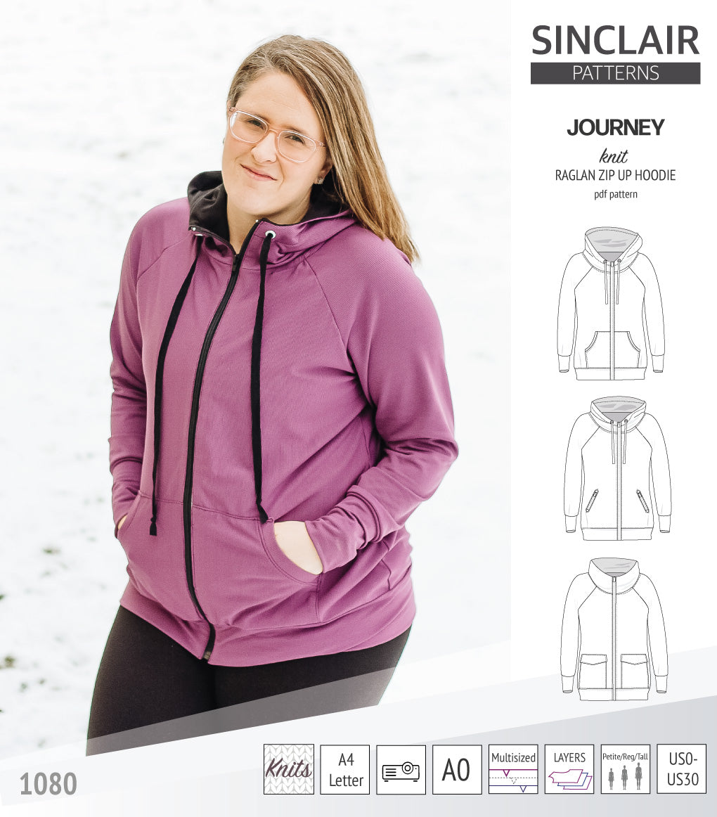 Sinclair Patterns S1080 Journey zip up zippered knit raglan hoodie for women with kangaroo, zippered or cargo pockets pdf sewing pattern