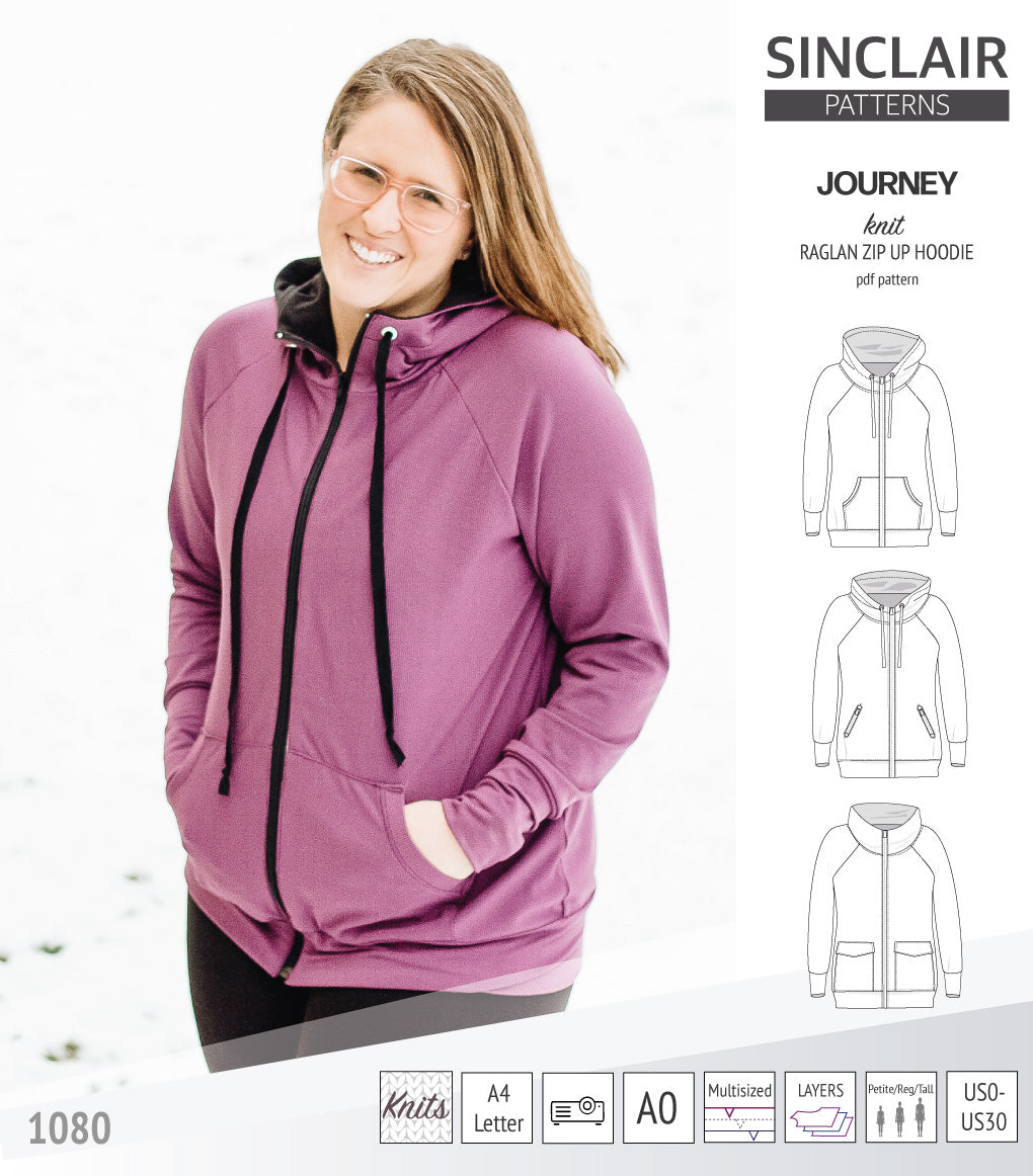 Sinclair Patterns S1080 Journey zip up zippered knit raglan hoodie for women with kangaroo, zippered or cargo pockets pdf sewing pattern