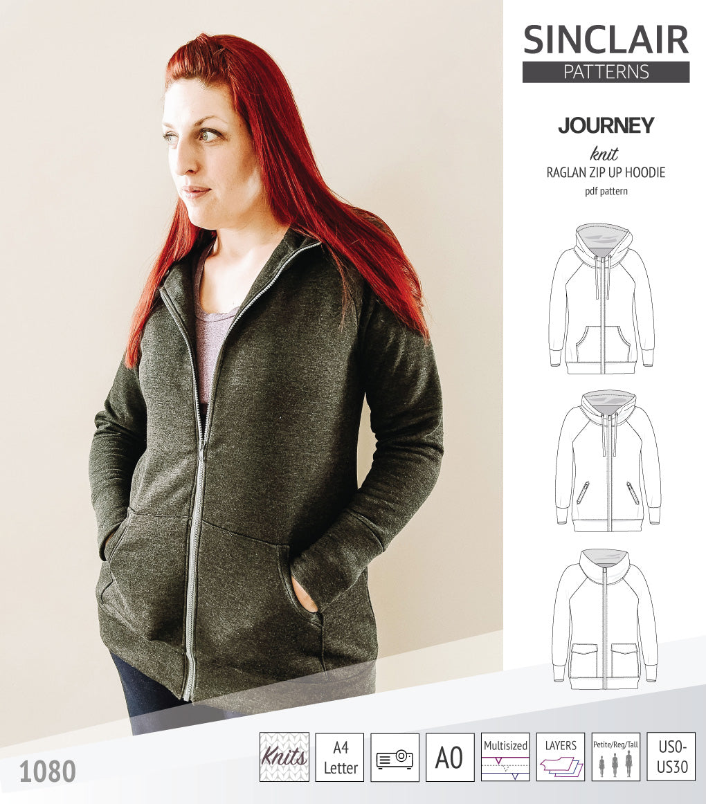 Sinclair Patterns S1080 Journey zip up zippered knit raglan hoodie for women with kangaroo, zippered or cargo pockets pdf sewing pattern