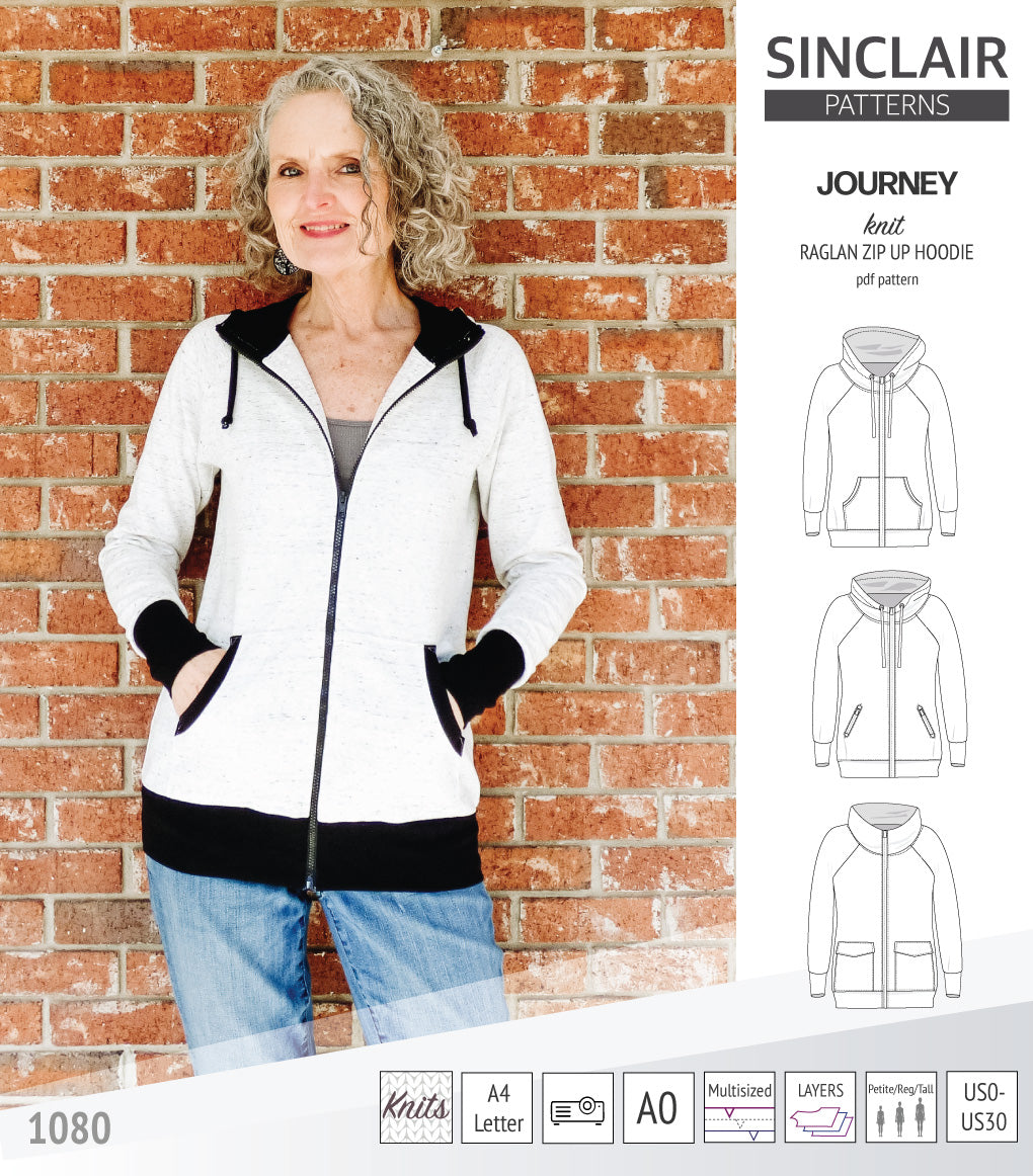 Sinclair Patterns S1080 Journey zip up zippered knit raglan hoodie for women with kangaroo, zippered or cargo pockets pdf sewing pattern