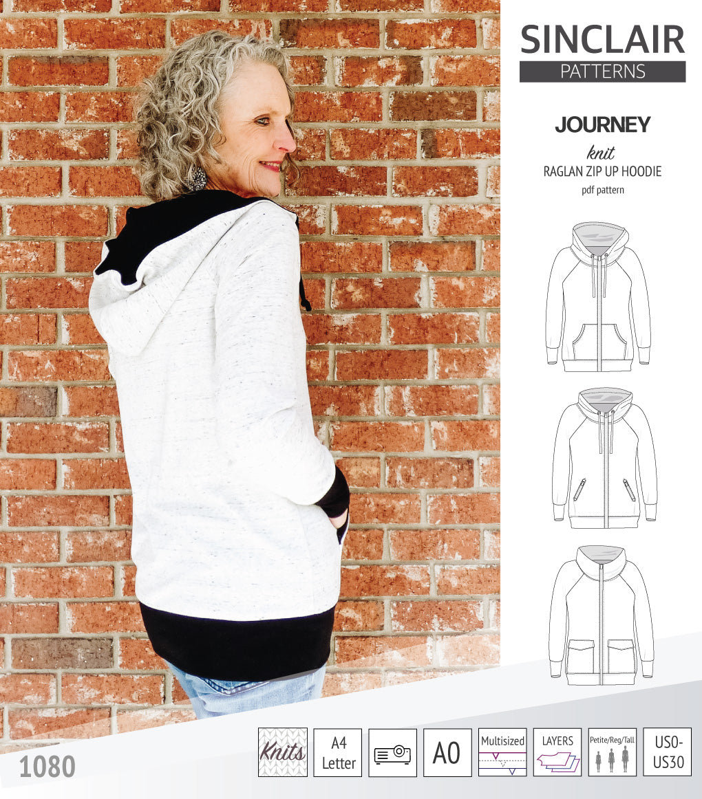 Sinclair Patterns S1080 Journey zip up zippered knit raglan hoodie for women with kangaroo, zippered or cargo pockets pdf sewing pattern