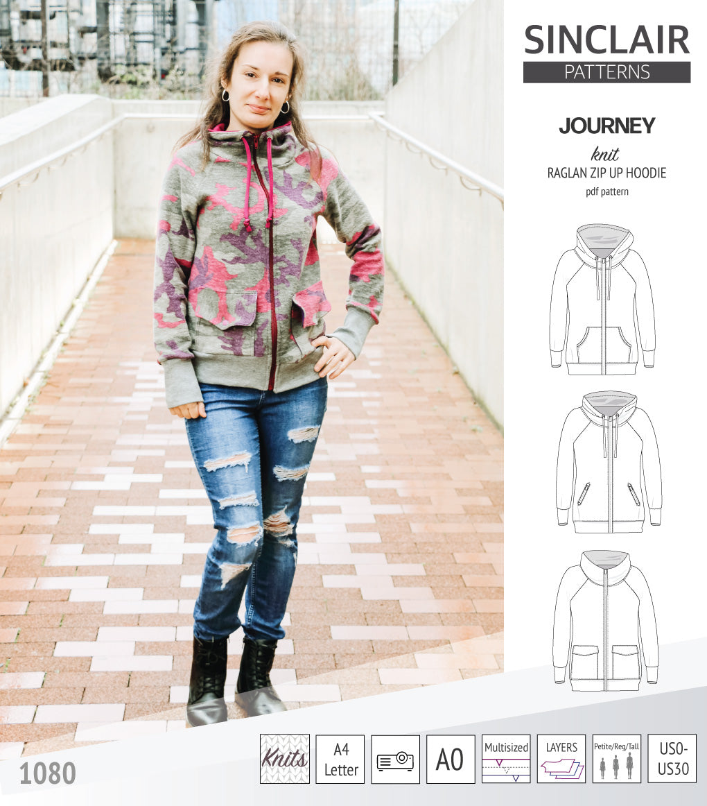 Sinclair Patterns S1080 Journey zip up zippered knit raglan hoodie for women with kangaroo, zippered or cargo pockets pdf sewing pattern