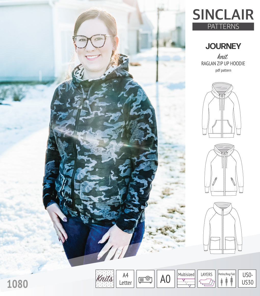 Sinclair Patterns S1080 Journey zip up zippered knit raglan hoodie for women with kangaroo, zippered or cargo pockets pdf sewing pattern