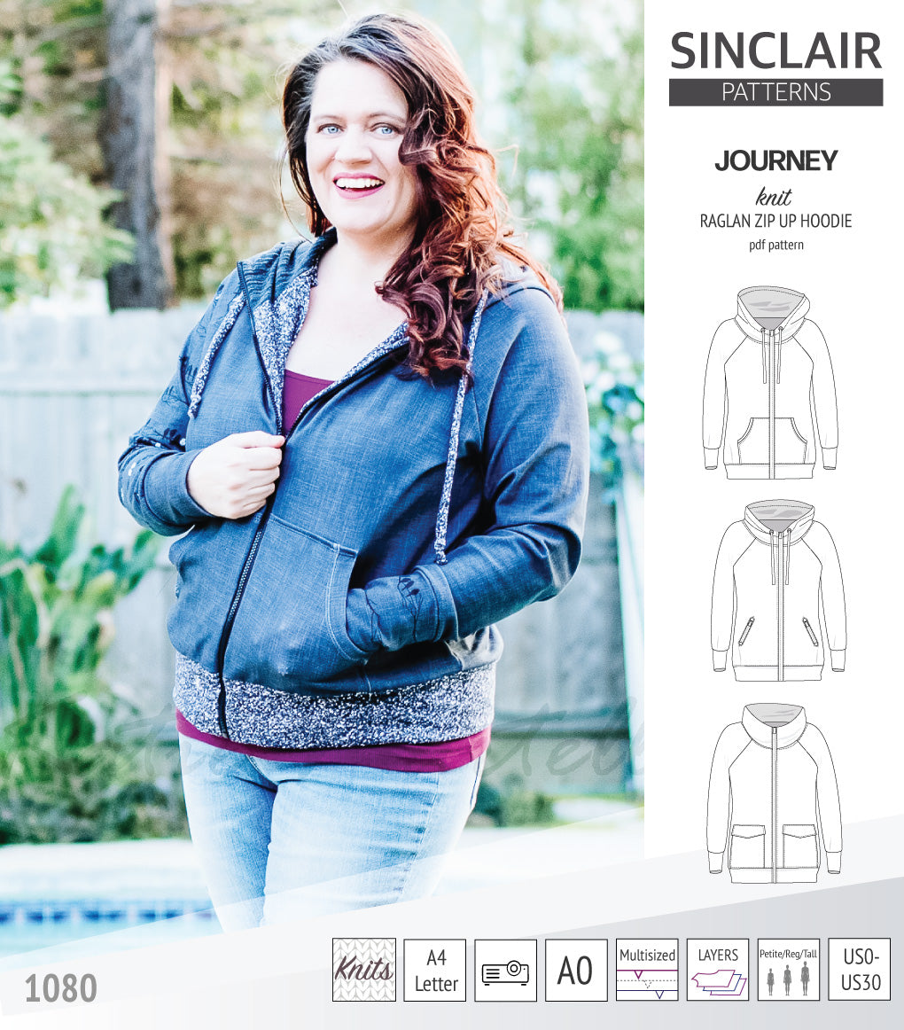 Sinclair Patterns S1080 Journey zip up zippered knit raglan hoodie for women with kangaroo, zippered or cargo pockets pdf sewing pattern